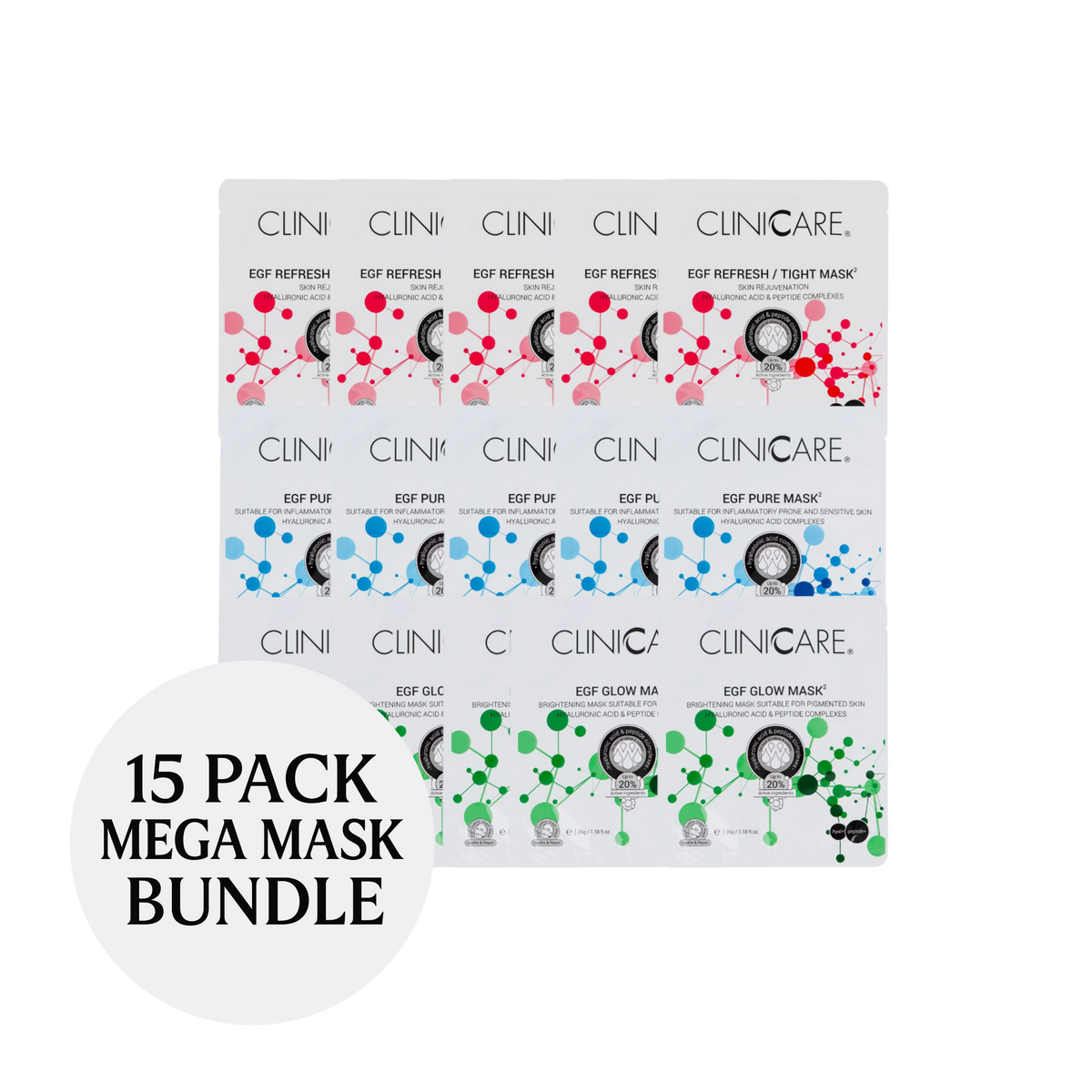 ClinicCare Ultimate Sheet Mask 5x Glow, 5x Refresh, 5x Pure Bundle