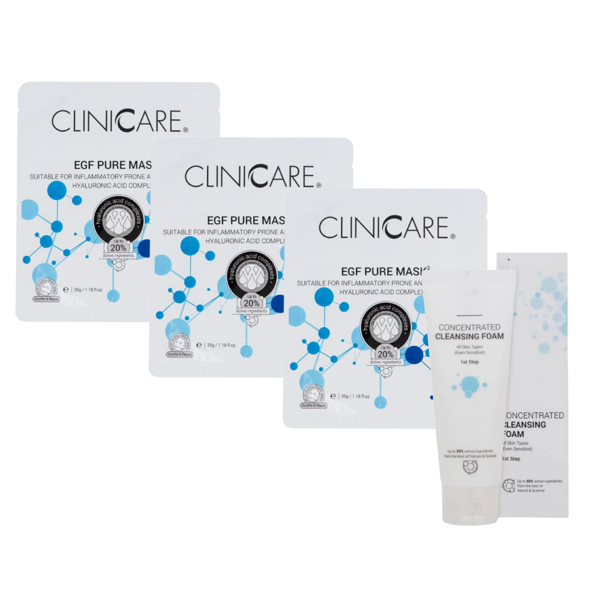 ClinicCare EGF Pure Masks x3 + Concentrated Cleansing Foam Bundle